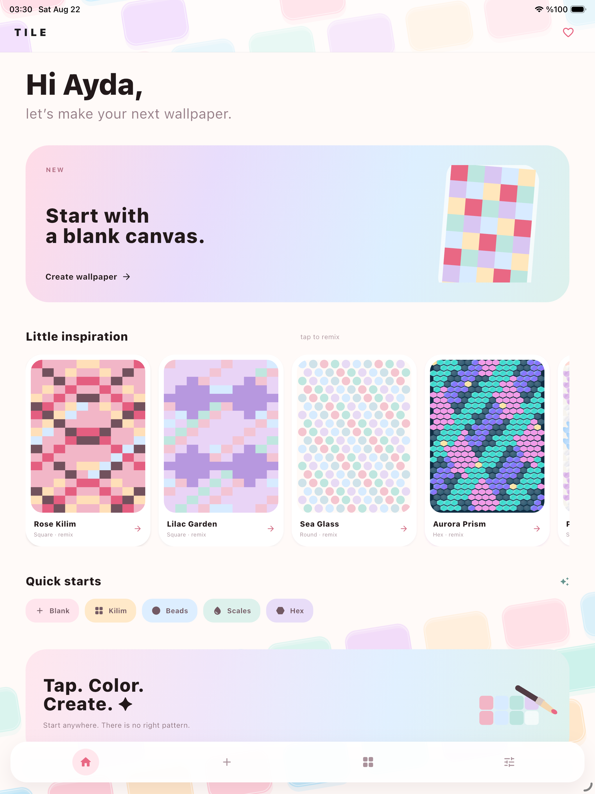 Tile home screen showing wallpaper templates and creative tools